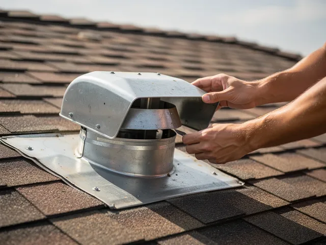 Plainville Dryer Vent Cleaning certified technician safely cleaning a roof-mounted dryer vent in Plainville