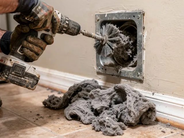 Certified Plainville Dryer Vent Cleaning technician performing dryer vent cleaning in Plainville