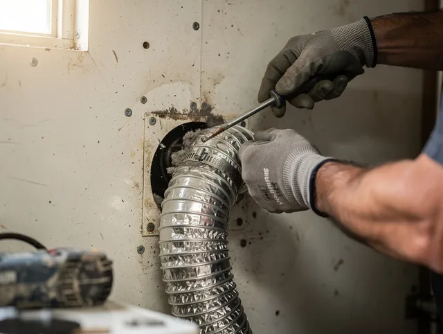 Plainville Dryer Vent Cleaning technician performing precise dryer vent hose installation in Plainville